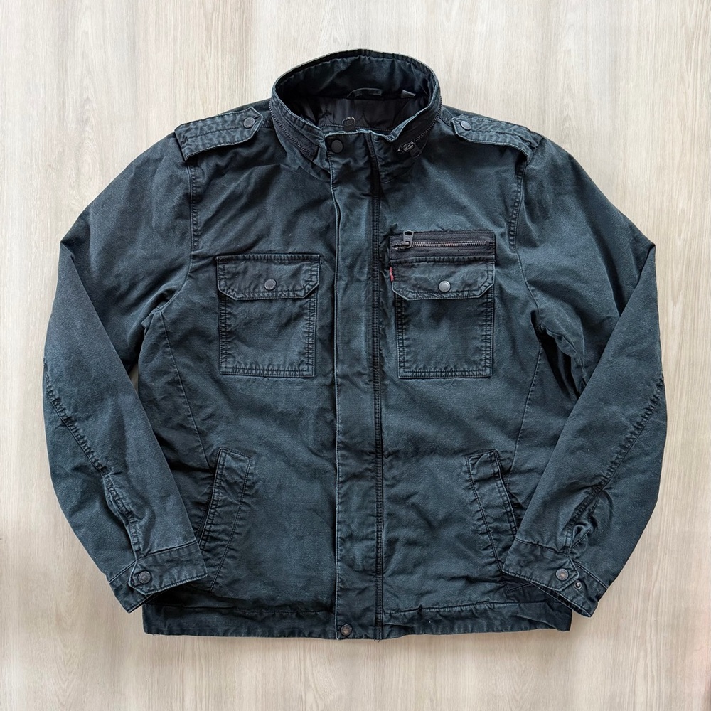 Levis Jacket Black Two Pocket Military Jacket Quilted Lined Army Cotton Sz L